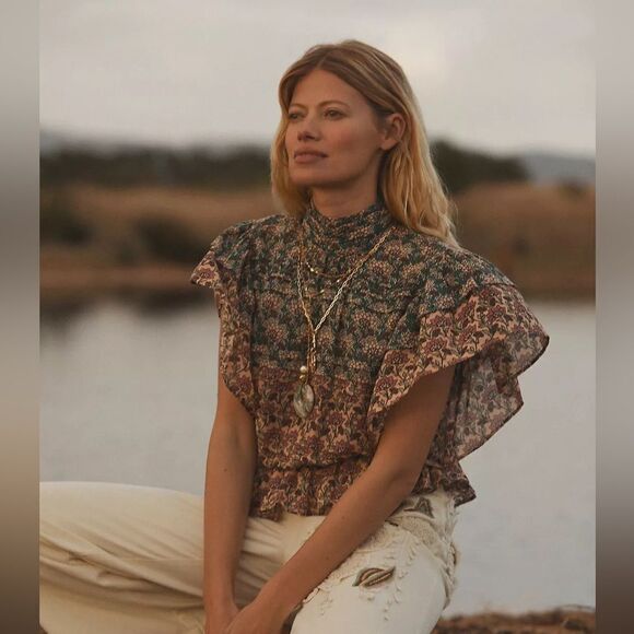 Anthropologie Let Me Be High-Neck Printed Peasant Blouse NWT - Picture 1 of 10